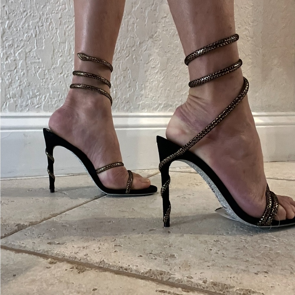 Rene Caovilla black and gold suede sandals